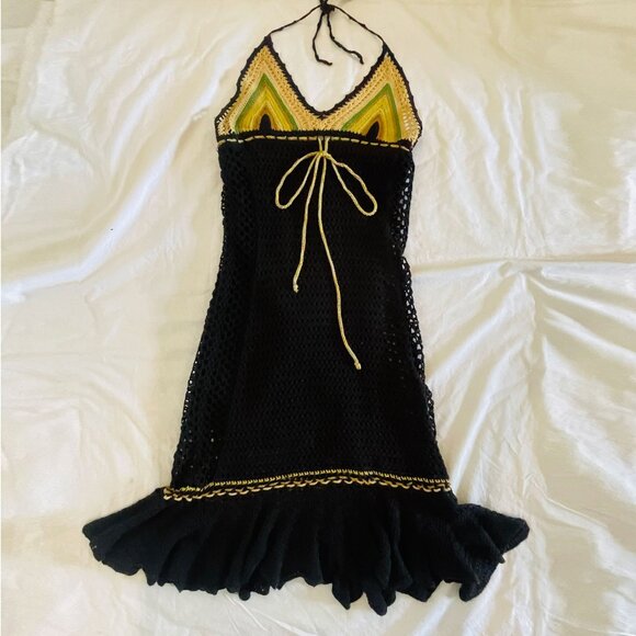 Free People Black Bohemian Wave Crochet Halter Lined Dress - Picture 1 of 16